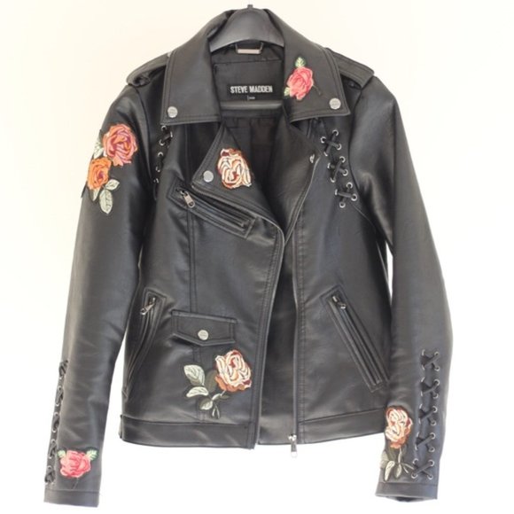 Steve Madden Jackets & Blazers - steve madden faux leather jacket with floral EMB